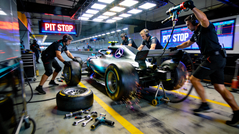 F1赛车在维修站内，技师团队进行快速换胎的紧张场面